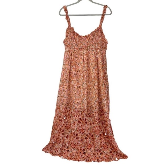 ANTHROPOLOGIE S Babydoll Sweetheart Maxi Dress Floral Eyelet Hem Orange Cream - Picture 3 of 7